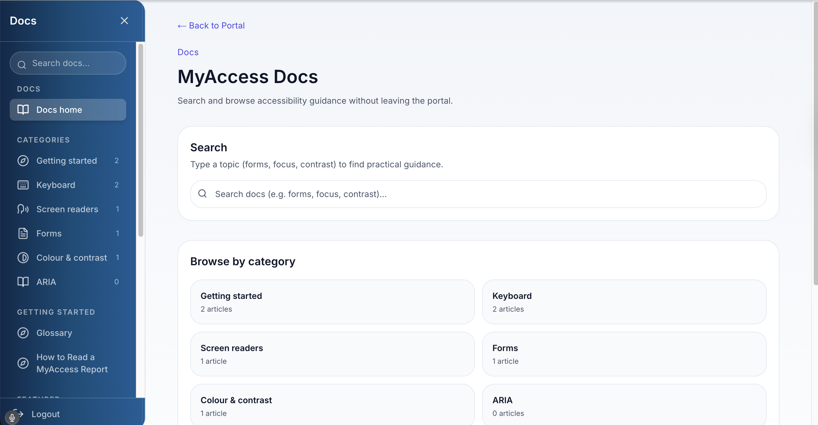 MyWebAccess docs hub showing accessibility guidance categories and search.