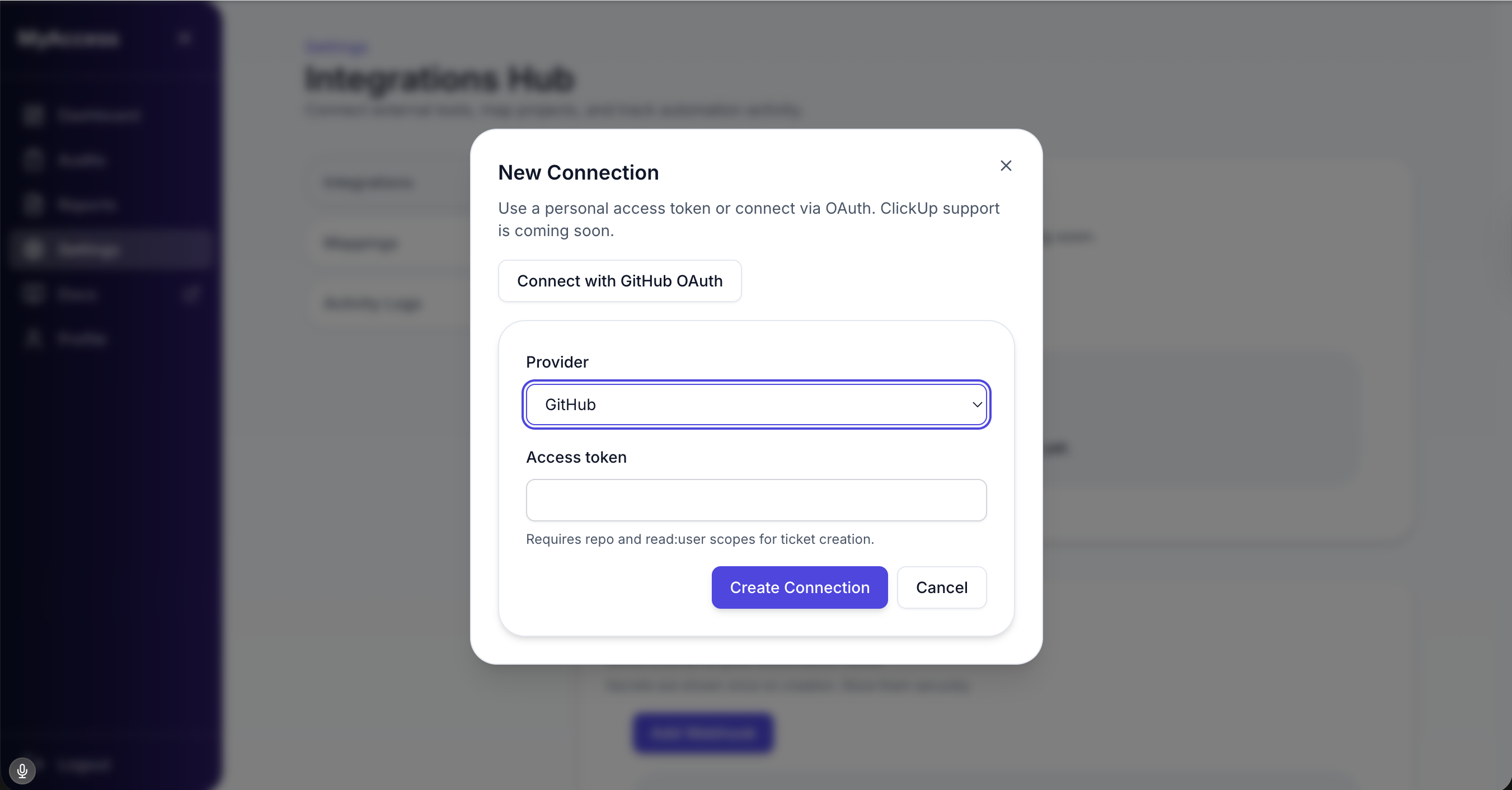 MyWebAccess integrations hub showing a new connection modal for GitHub and Jira.